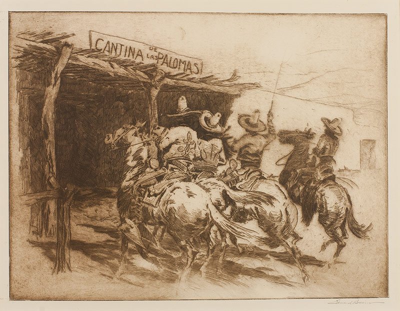 La Cantina de las Palomas No. 2: Edward Borein, 1872 - 1945 | Signed: Edward Borein [in margin], l/r | Media: Etching and drypoint | Dimensions: 9 by 11.5 inches