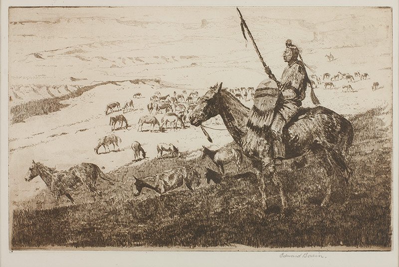 The Crow Guard: Edward Borein, 1872 - 1945 | Signed: Edward Borein [in margin], l/r | Media: Etching and drypoint | Dimensions: 7 by 11 inches