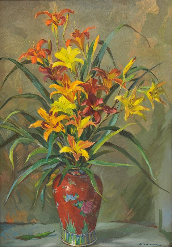 Daylilies: Fritz Werner, 1898 - 1994 | Signed: Werner, l/r | Media: Oil on linen | Dimensions: 30 by 20 inches