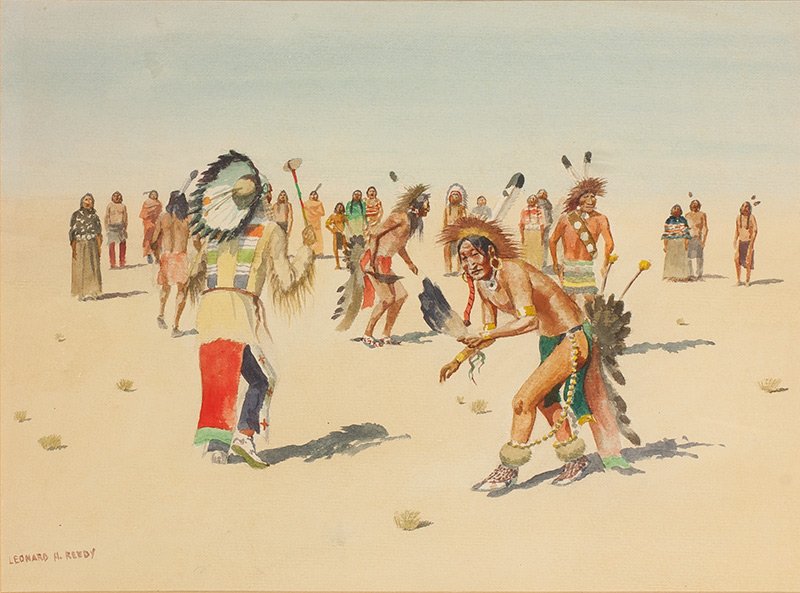 Eagle Dance: Leonard H. Reedy, 1899 - 1956 | Signed: Leonard H. Reedy, l/l | Media: Watercolor on paper | Dimensions: 12 by 16 inches