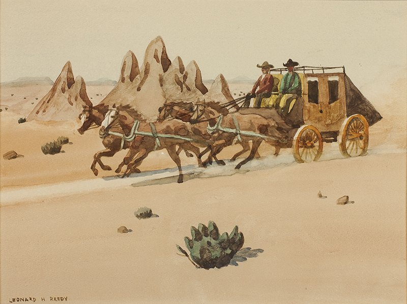 Stagecoach in Desert: Leonard H. Reedy, 1899 - 1956 | Media: Watercolor on paper | Signed: 'Leonard H. Reedy,'l/l | Dimensions: 7.5 by 10 inches