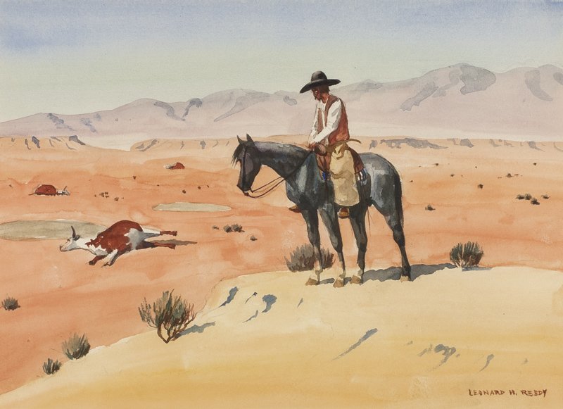The Poisoned Water Hole: Leonard H. Reedy, 1899 - 1956 | Media: Watercolor on paper | Signed: 'Leonard H. Reedy ,'l/r | Dimensions: 8 by 11 inches