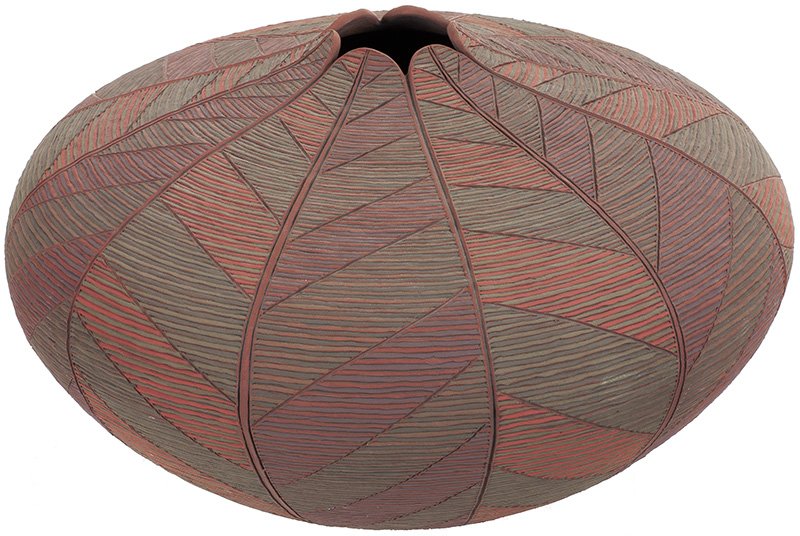 Incised Polychrome Pot with Leaf Design: Richard Zane Smith, b. 1955 | Media: Clay | Signed: 'Richard Zane Smith 2003 Spring,'underside | Dimensions: 8.5 by 13 by 13 inches