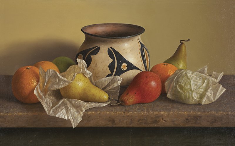 Santo Domingo with Pears and Oranges: William Acheff, b. 1947 AOA, NAWA | Media: Oil on linen | Signed: 'William Acheff 1992,'verso | Dimensions: 10 by 16 inches