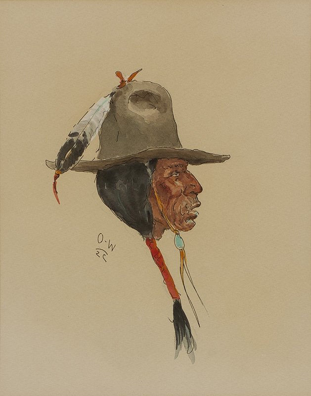 Indian in Cowboy Hat: Olaf Wieghorst, 1899 - 1988 | Media: Watercolor on paper | Signed: 'O-W (artists cipher),'l/l | Dimensions: 10 by 8 inches