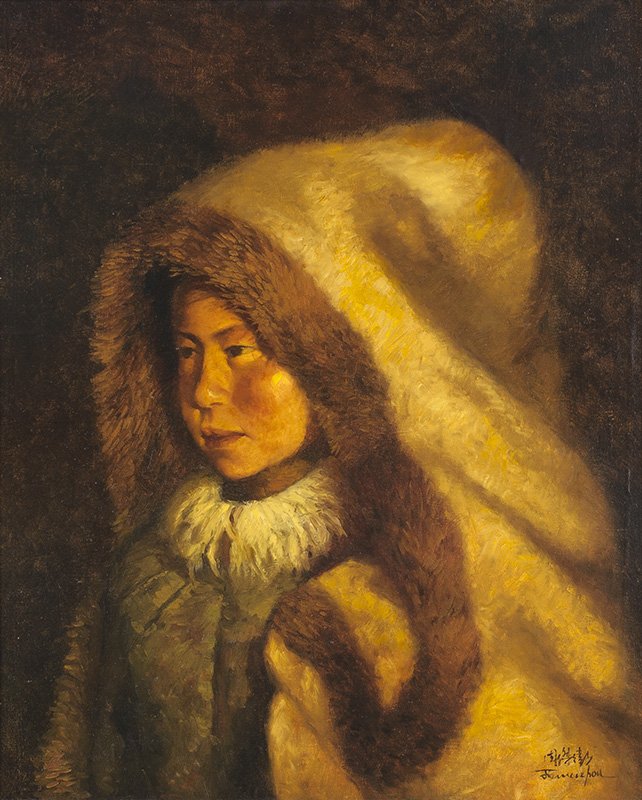 Jie-Wei Zhou, b. 1962 | Montagnais Girl: Media: Oil on canvas | Signed: '[Chinese script] Jie-Wei Zhou,'l/r | Dimensions: 22 by 18 inches