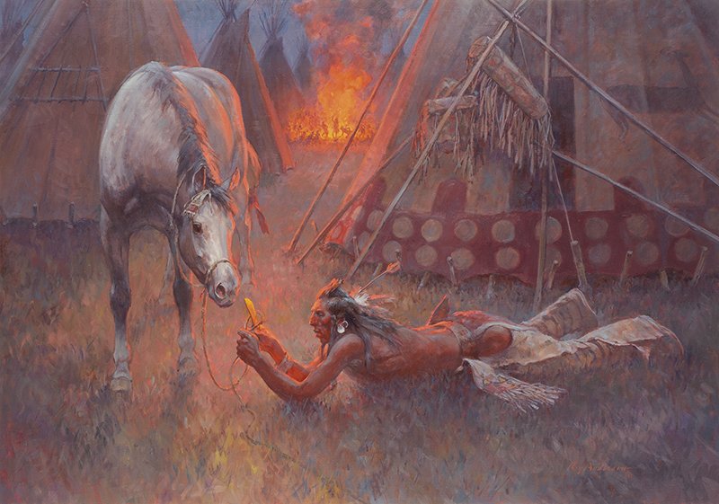 Roy Andersen | Cutting the Piegan Pony: Roy Andersen b. 1930 CAA, NAWA, OPA | Cutting the Piegan Pony Signed l/r: Roy Anderson RA | Media: Oil on canvas | Dimensions: 34 by 48 inches This painting is accompanied by an illustrated letter fro