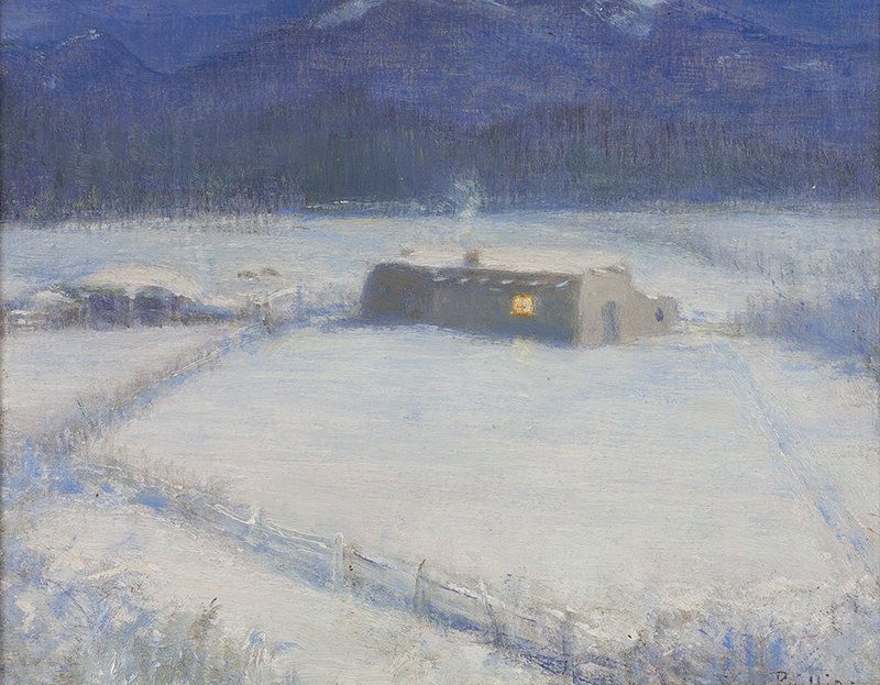 Bert Geer Phillips | Christmas Eve - Taos, New Mexcico: Bert Geer Phillips 1868 - 1956 TSA | Christmas Eve -- Taos, New Mexico Signed l/r: Phillips | Media: Oil on artist's board | Dimensions: 7 1/2 by 9 1/2 inches Verso: Painted expressly for Dr. W. J. Br