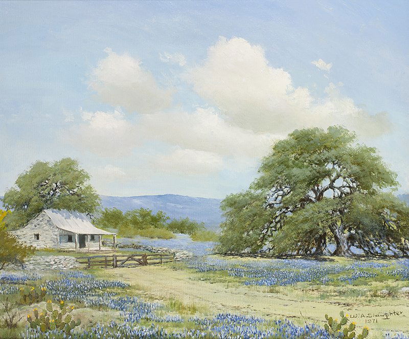William A. Slaughter | Bluebonnets, Limestone House...: William A. Slaughter 1923 - 2004 AAA, CAA, NAWA, NWR | Bluebonnets, Limestone House & Oaks Signed l/r: W. A. Slaughter 1971 | Media: Oil on canvas | Dimensions: 20 by 24 inches