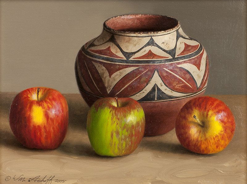 William Acheff | Galas & Braeburn: Artist: William Acheff b. 1947 AOA, NAWA | Title: Galas & Braeburn | Signed l/l: © Wm. Acheff 2005 | Media: Oil on linen | Dimensions: 6 by 8 inches