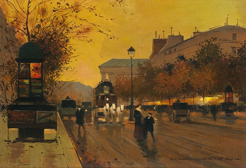 Edouard Cortes | Boulevard de la Madeleine au: Artist: Edouard Cortes 1882 - 1969 SAF | Title: Boulevard de la Madeleine au Crepuscule | Signed l/r: Edouard Cortes | Media: Oil on canvas | Dimensions: 12 by 17 inches