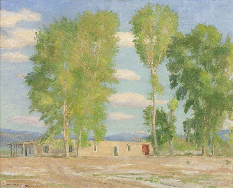 Bert Geer Phillips | Adobe in Taos Landscape: Artist: Bert Geer Phillips 1868 - 1956 TSA | Title: Adobe in Taos Landscape | Signed l/l: -Phillips- Taos N.M. | Media: Oil on panel | Dimensions: 16 by 20 inches