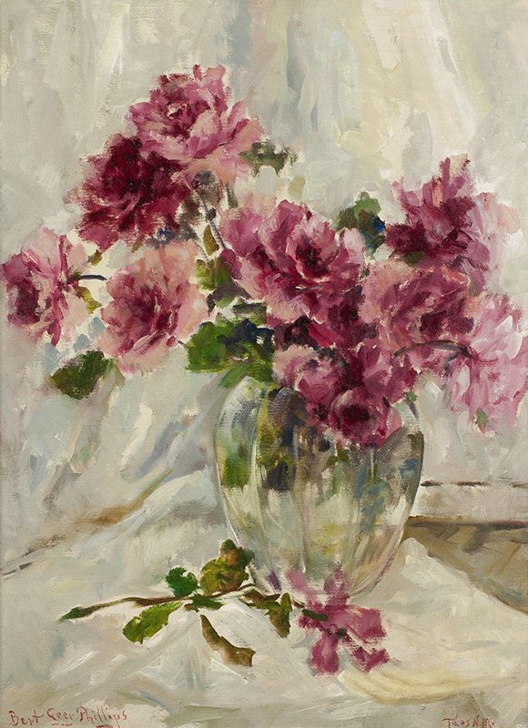 Bert Geer Phillips | Still Life with Roses: Artist: Bert Geer Phillips 1868 - 1956 TSA | Title: Still Life with Roses | Signed l/l: Bert Geer Phillips; l/r: Taos N.M. | Media: Oil on canvas | Dimensions: 20 1/2 by 15 inches