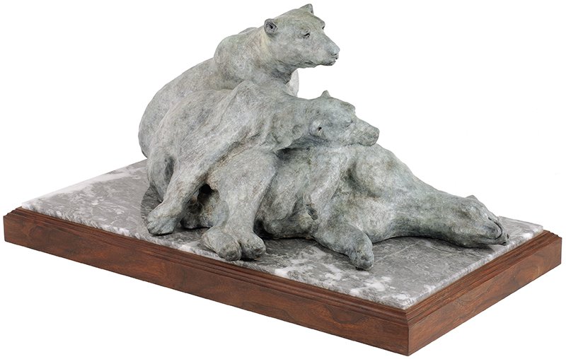 Sherry Salari Sander | Sunny and 40 Below: Artist: Sherry Salari Sander b. 1941 AAA, AOA, NAWA, NSS, NWR, SAA | Title: Sunny and 40 Below | Inscribed base of bronze: S. Sander © 88 4/35 | Media: Bronze | Dimensions: 11 by 26 by 15 1/2 inches