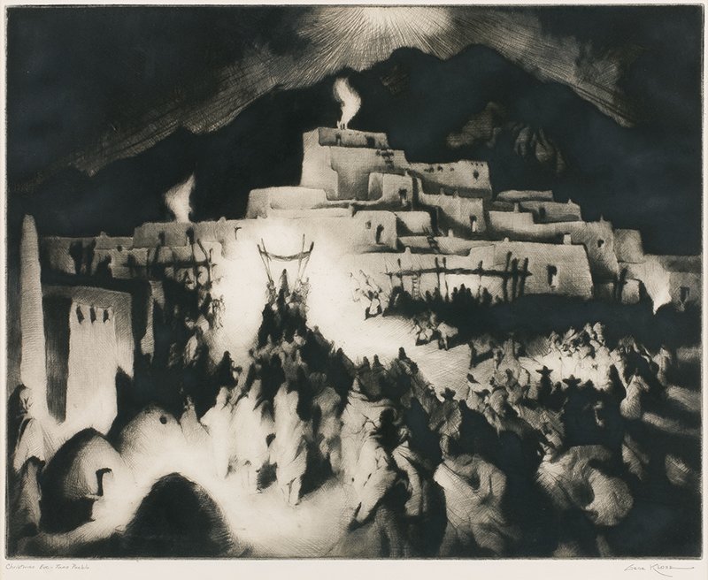 Gene Kloss | Christmas Eve--Taos Pueblo: Artist: Gene Kloss 1903 - 1996 NA | Title: Christmas Eve--Taos Pueblo, 1946, edition of 75 | Signed l/l: Christmas Eve - Taos Pueblo; l/r: Gene Kloss | Media: Drypoint on paper | Dimensions: 12 by 15 
