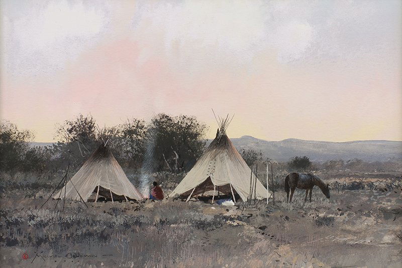 Michael Coleman | Indian Encampment: Artist: Michael Coleman b. 1946 Guest Artist NAWA | Title: Indian Encampment | Signed l/l: Â© Michael Coleman | Media: Goauche on paper | Dimensions: 4 by 6 inches