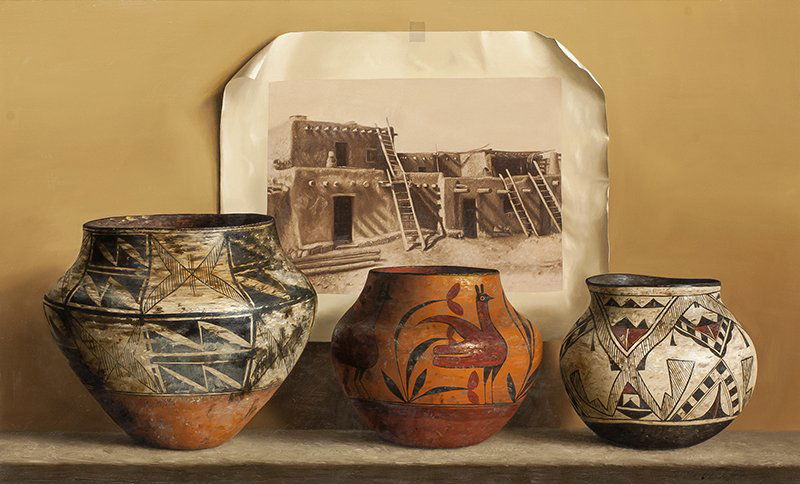William Acheff | Pueblo's Pottery: Artist: William Acheff | b. 1947 AOA, NAWA Title: Pueblo's Pottery | Signed l/r: © WM. Acheff 1982 Media: Oil on canvas Dimensions: 16 by 26 inches Verso label: Colorado Historical Society On two occ