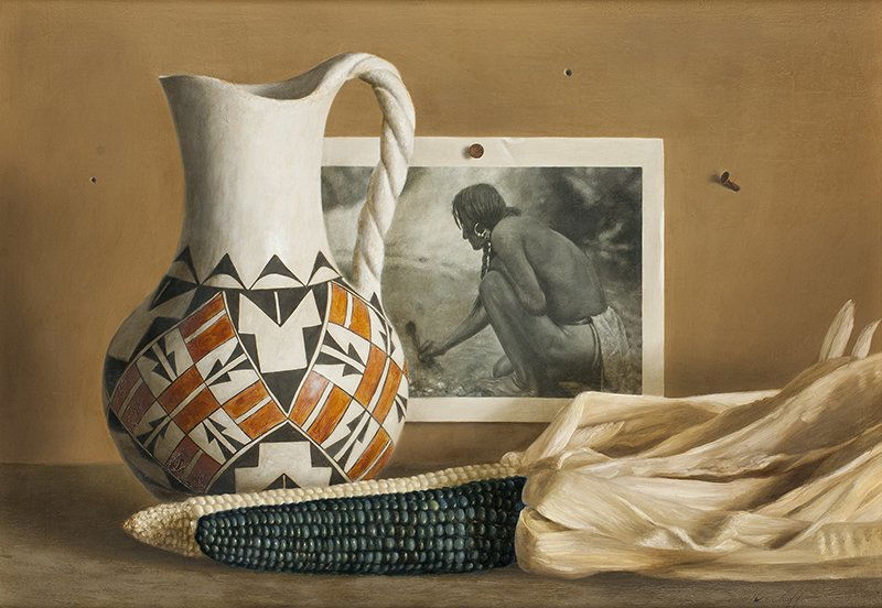 William Acheff | The Harvest: Artist: William Acheff | b. 1947 AOA, NAWA Title: The Harvest | Signed l/r: Wm. Acheff Media: Oil on canvas Dimensions: 14 by 20 inches Verso: Photo E. Curtis Offeringat the Waterfall Nambe.Verso Labe