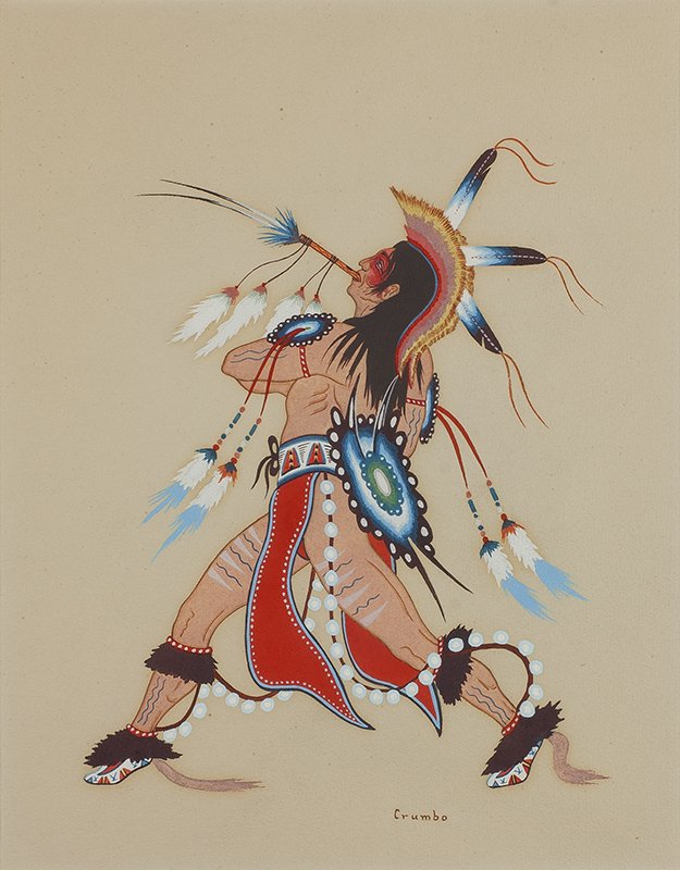 Woody Crumbo | Fancy Dancer with Bone Whistle: Artist: Woody Crumbo | 1912 - 1989 Title: Fancy Dancer with Bone Whistle | Signed l/r: Crumbo Media: Gouache on paper Dimensions: 12 by 9 1/2 inches
