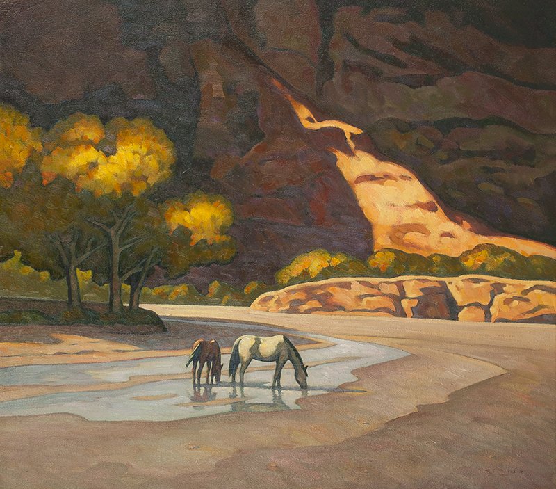Howard Post | b. 1948 Canyon Horses: Howard Post | b. 1948 Canyon Horses Signed l/r: HE POST Â© Oil on canvas 30 by 34 inches