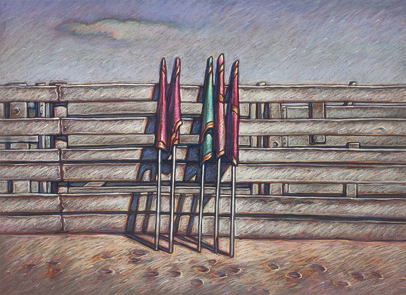 Howard Post | b. 1948 Rodeo Flags: Howard Post | b. 1948 Rodeo Flags Signed u/r: H E Post Â© Pastel on paper 26 by 35 1/2 inches