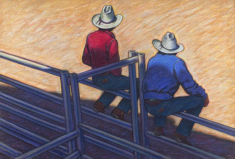 Howard Post | b. 1948 Two Men on a Fence: Howard Post | b. 1948 Two Men on a Fence Signed l/l: HE POST © Pastel on paper 26 by 38 inches