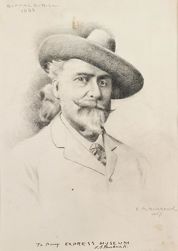Elbridge Ayer Burbank | Buffalo Bill 1889: Artist: Elbridge Ayer Burbank | 1858 - 1949 Title: Buffalo Bill 1889 Signed l/r: E. A. Burbank 1947, l/r; Buffalo Bill 1881, u/l; To Pony Express Museum E.A. Burbank, l/c Media: Graphite on paper Dime