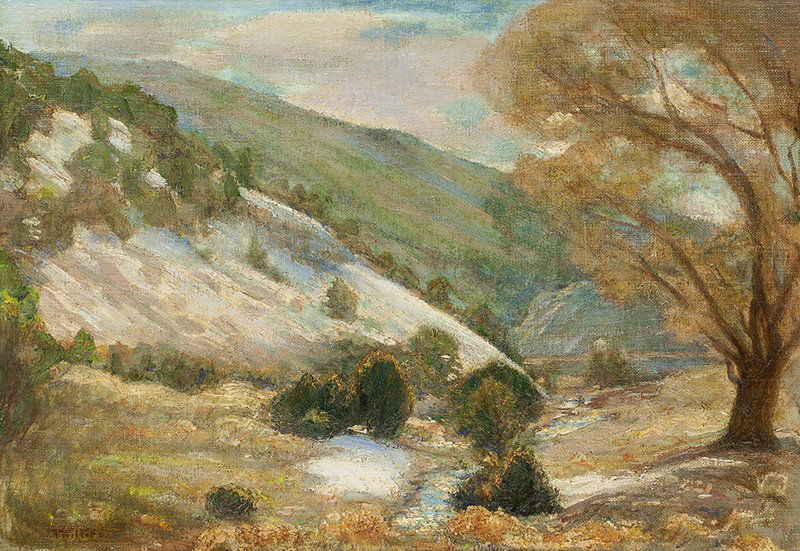 Bert Geer Phillips | End of Winter, Taos Canyon: Artist: Bert Geer Phillips | 1868 - 1956 TSA Title: End of Winter, Taos Canyon Signed l/l: Phillips Media: Oil on canvas board Dimensions: 14 by 20 inches