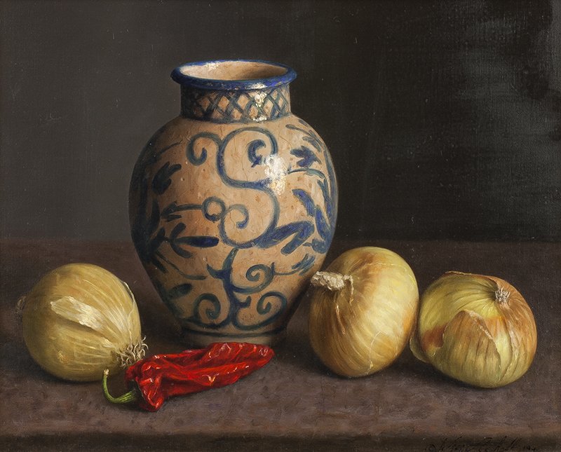 William Acheff | Spanish Stoneware: Artist: William Acheff | b. 1947 AOA, NAWA Title: Spanish Stoneware Signed l/r: © Wm. Acheff 1991 Media: Oil on linen Dimensions: 8 by 10 inches