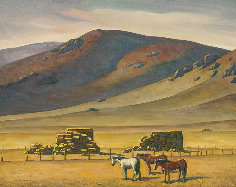 Howard Post | Horses and Hay: Artist: Howard Post | b. 1948 Title: Horses and Hay Signed l/l: H E POST © Media: Oil on canvas Dimensions: 24 by 30 inches