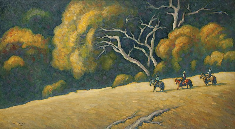 Howard Post | Gold Sycamores: Artist: Howard Post | b. 1948 Title: Gold Sycamores Signed l/l: H E Post © Media: Oil on canvas Dimensions: 24 by 48 inches