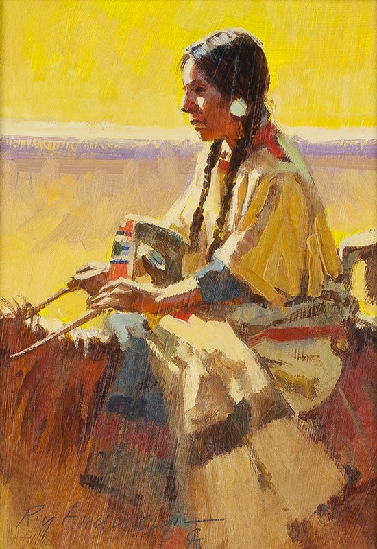 Roy Andersen | Indian Woman on Horseback: Artist: Roy Andersen | b. 1930 CAA, NAWA, OPA Title: Indian Woman on Horseback Signed l/l: Roy Andersen CA Media: Oil on panel Dimensions: 7 by 5 inches