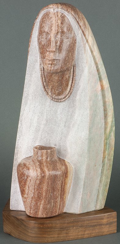 Lance T. Yazzie | Woman with Olla: Artist: Lance T. Yazzie | b. 20th C. Title: Woman with Olla Inscribed along edge: L. Yazzie © Media: Alabaster Dimensions: 16 by 9 by 8 inches no reserve