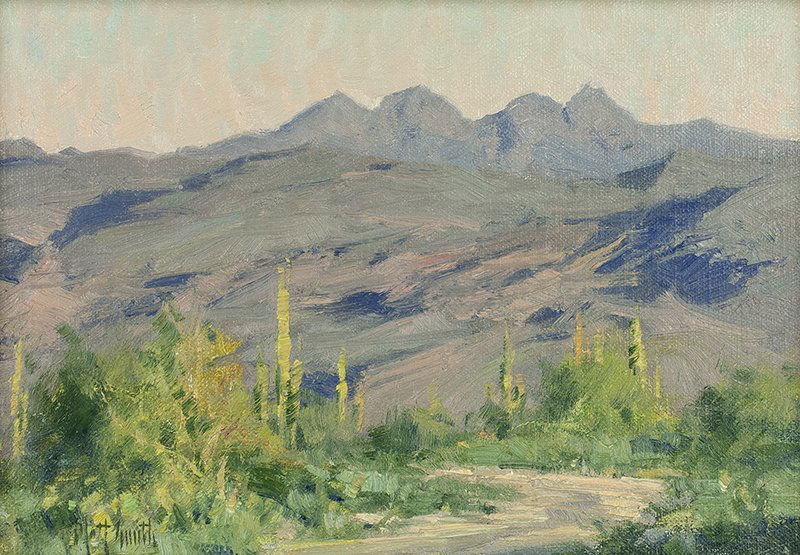 Matt Smith | Arizona Landscape: Artist: Matt Smith | b. 1960 Title: Arizona Landscape Signed l/l: Matt Smith Media: Oil on panel Dimensions: 7 by 10 inches no reserve