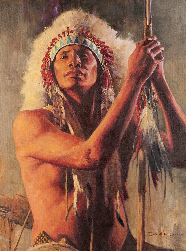 David Mann | Prairie Warrior: Artist: David Mann | b. 1948 Title: Prairie Warrior Signed l/r: -David Mann- Media: Oil on canvas Dimensions: 24 by 18 inches