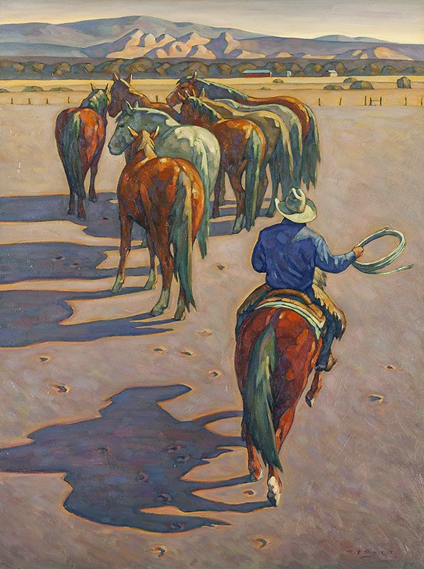 Howard Post | Moving the Mares: Artist: Howard Post | b. 1948 Title: Moving the Mares Signed l/r: HEPOST © Media: Oil on canvas Dimensions: 40 by 30 inches