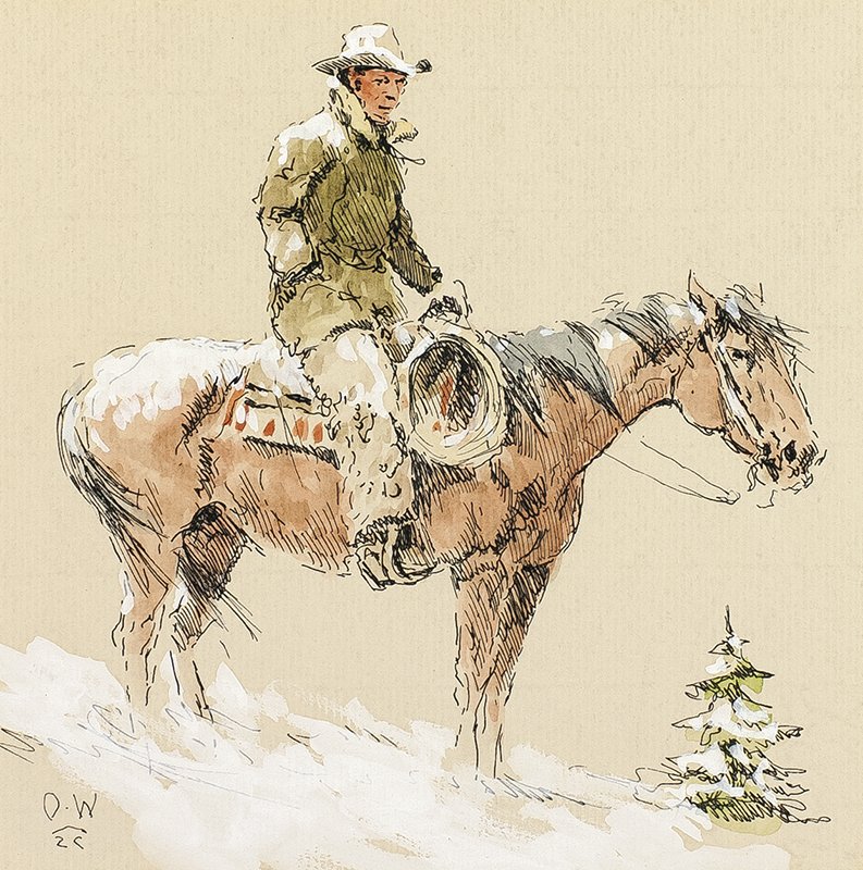 Olaf Wieghorst | After the Storm: Artist: Olaf Wieghorst | 1899 - 1988 Title: After the Storm Signed l/l: O.W. [artist's symbol] Media: Pen, ink, watercolor & gouache on paper Dimensions: 6 1/2 by 6 1/2 inches This is lot 157-A6 in th