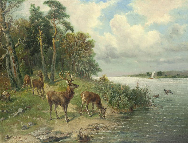 Arthur Fitzwilliam Tait | Stag and Deer by a River (1 of 1)