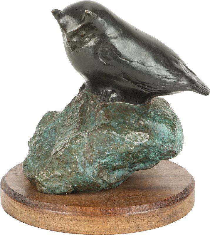 Tony Angell | The Plateau Owl: Artist: Tony Angell | b. 1940 Title: The Plateau Owl Inscribed base of bronze: Angell 94/300 Media: Bronze Dimensions: 6 by 6 by 5 inches