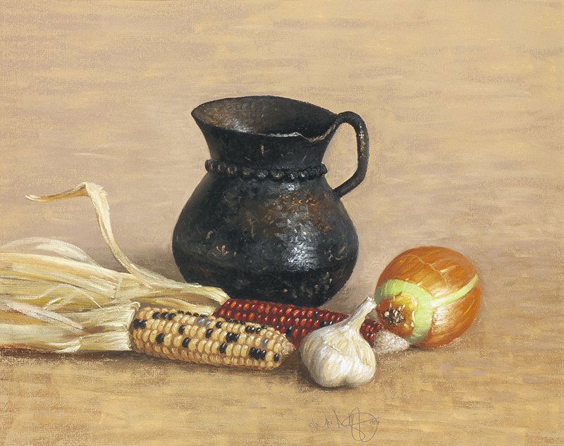 William Acheff | Black Pitcher with Onion and Corn: Artist: William Acheff | b. 1947 AOA, NAWA Title: Black Pitcher with Onion and Corn Signed L/C: © Wm. Acheff 1984 Media: Pastel on paper Dimensions: 15 by 19 inches