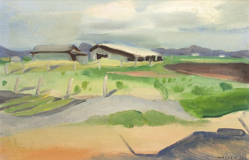 Betty Warren | Landscape with House: Artist: Betty Warren | d. 1993 Title: Landscape with House Signed l/r: Warren '48 Media: Oil on canvas panel Dimensions: 12 by 18 inches no reserve