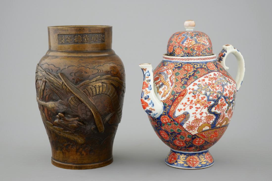 A large Imari teapot and a bronze vase decorated with (1 of 8)