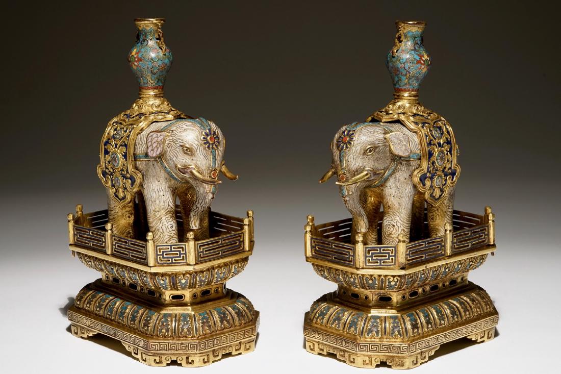 A pair of Chinese glit bronze and cloisonne elephants (1 of 8)