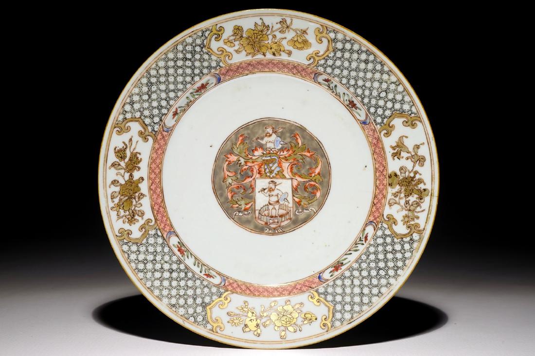 A Chinese famille rose armorial plate for the Dutch: A Chinese famille rose armorial plate for the Dutch market, arms of Tuineman, Yongzheng Dia.: 23 cm See also: Christie's, New York, Sale 12597, Lot 289, for a pair of identical plates. (link)