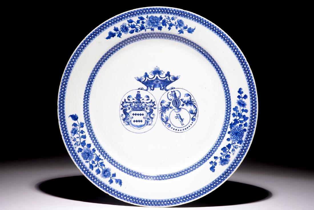 A blue and white Chinese armorial alliance dish for the: A blue and white Chinese armorial alliance dish for the Dutch market, Qianlong Dia.: 42,5 cm The arms are those of the van der Does and van Stein van Gollenesse families, as described by Jochem Kroes