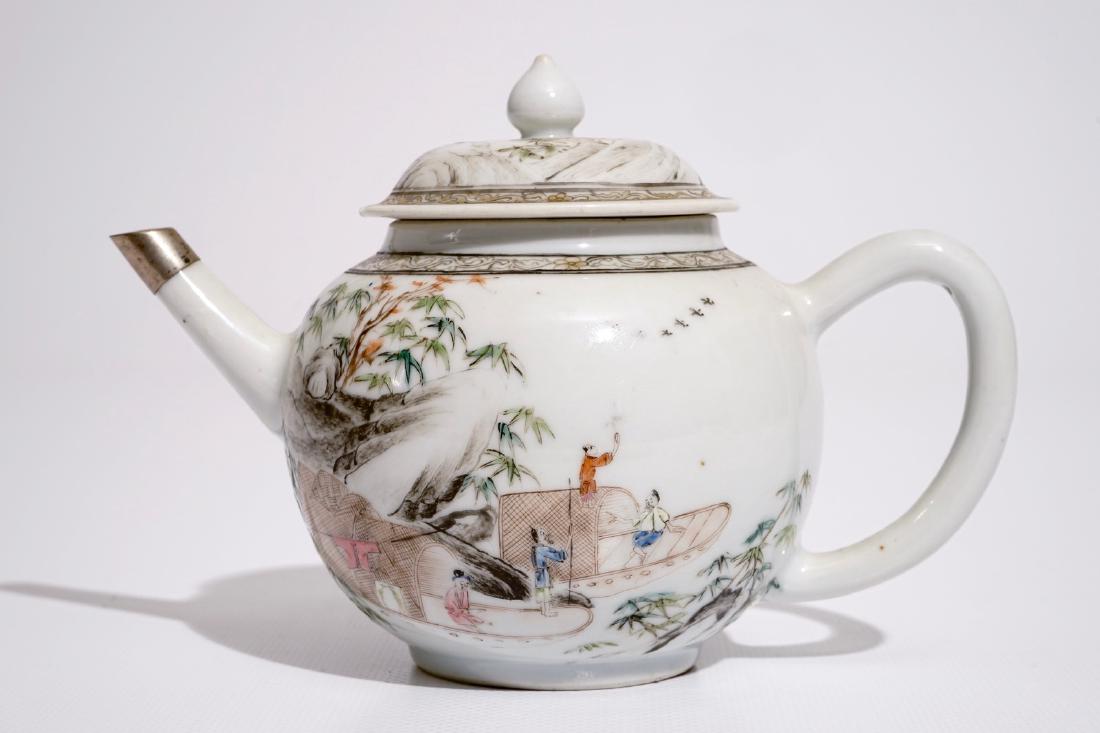 A Chinese silver-mounted grisaille-rose covered teapot, (1 of 7)
