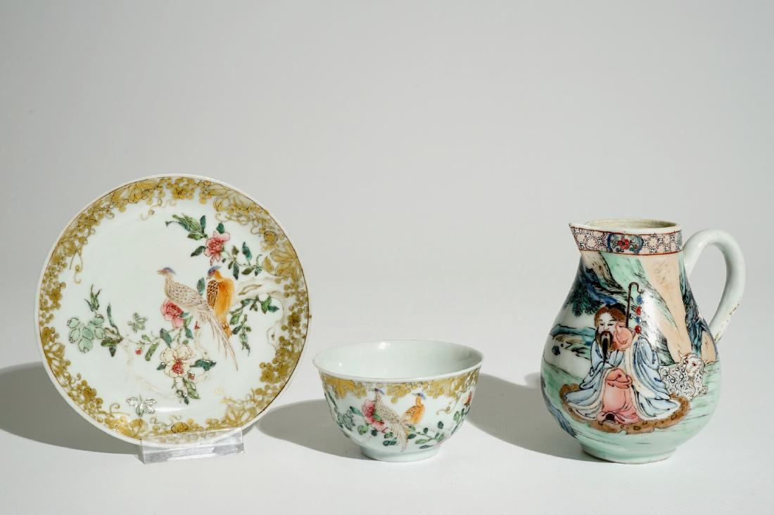 A fine Chinese famille rose milk jug and a cup and: A fine Chinese famille rose milk jug and a cup and saucer, Yongzheng/Qianlong H.: 9,5 cm (jug)Dia.: 7 cm - H.: 4 cm (cup)Dia.: 11 cm (saucer)