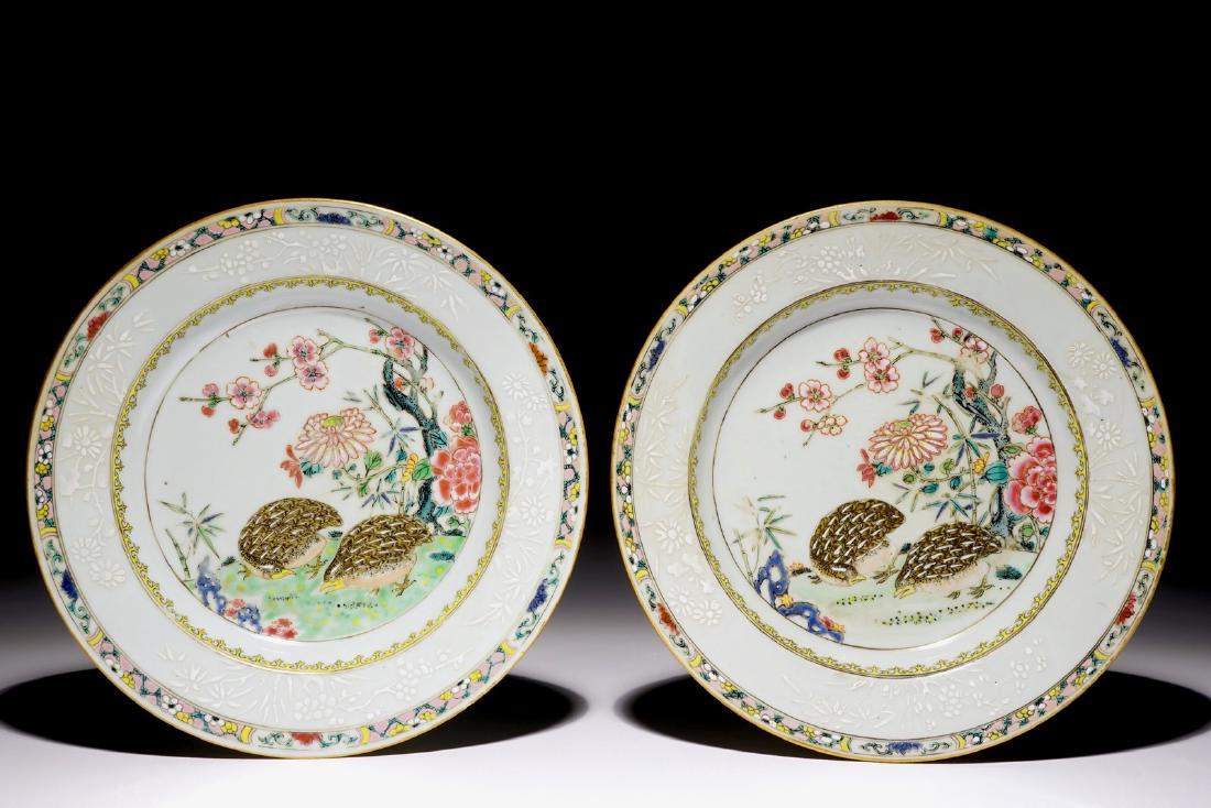A pair of Chinese famille rose quails plates, Yongzheng: A pair of Chinese famille rose quails plates, Yongzheng Dia.: 23 cm