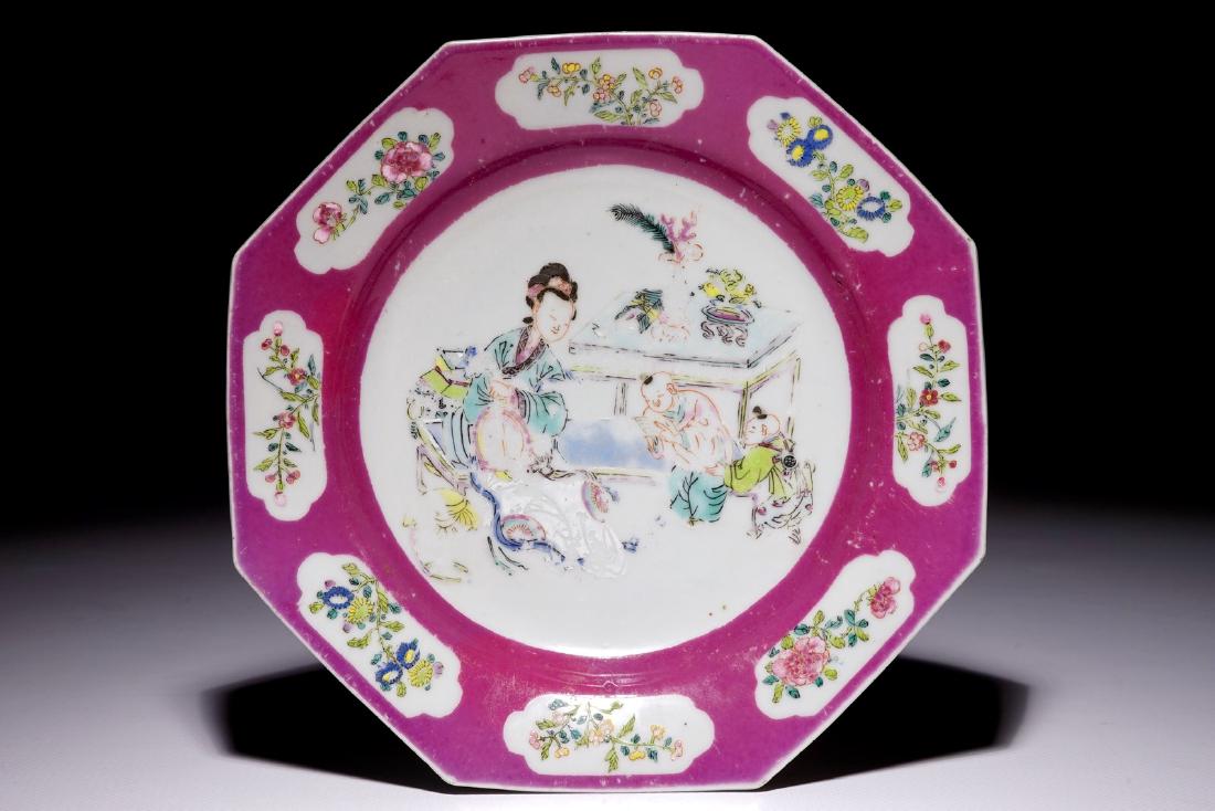 A Chinese famille rose octagonal ruby border plate with (1 of 2)