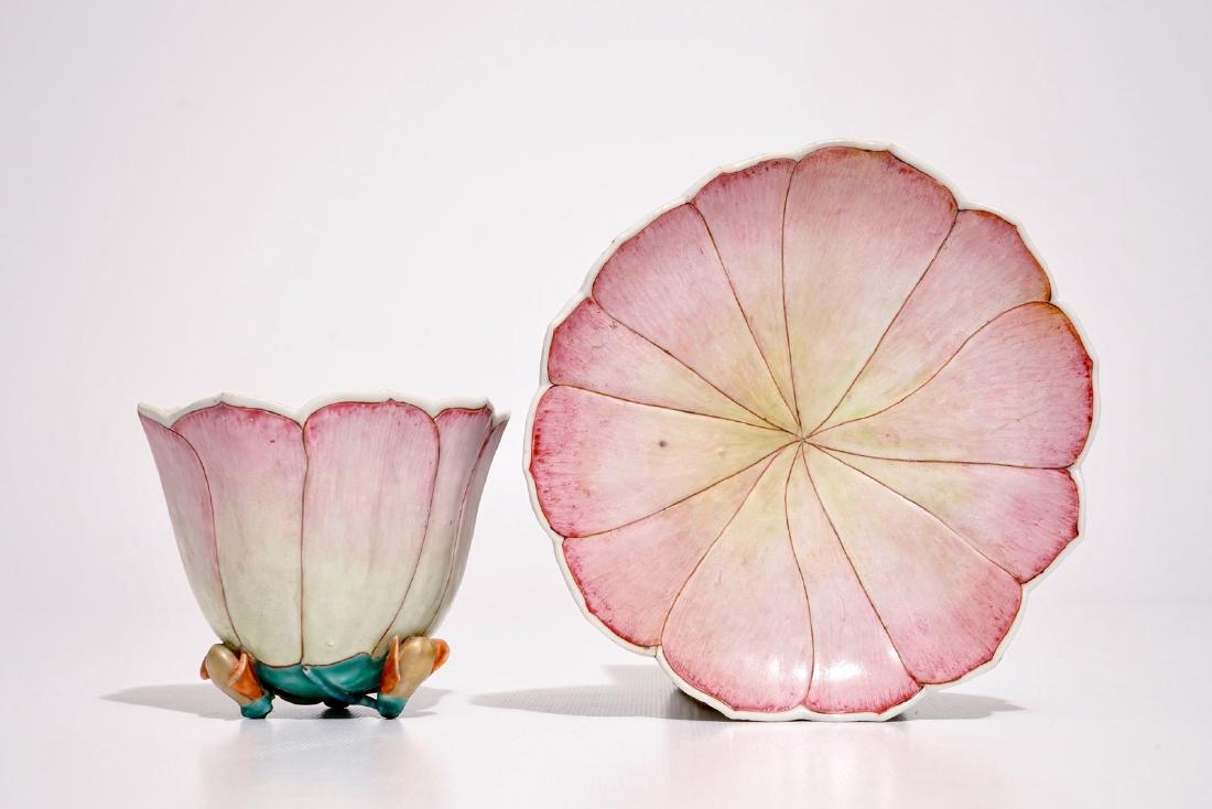 A large Chinese famille rose lotus-shaped cup on stand, (1 of 9)
